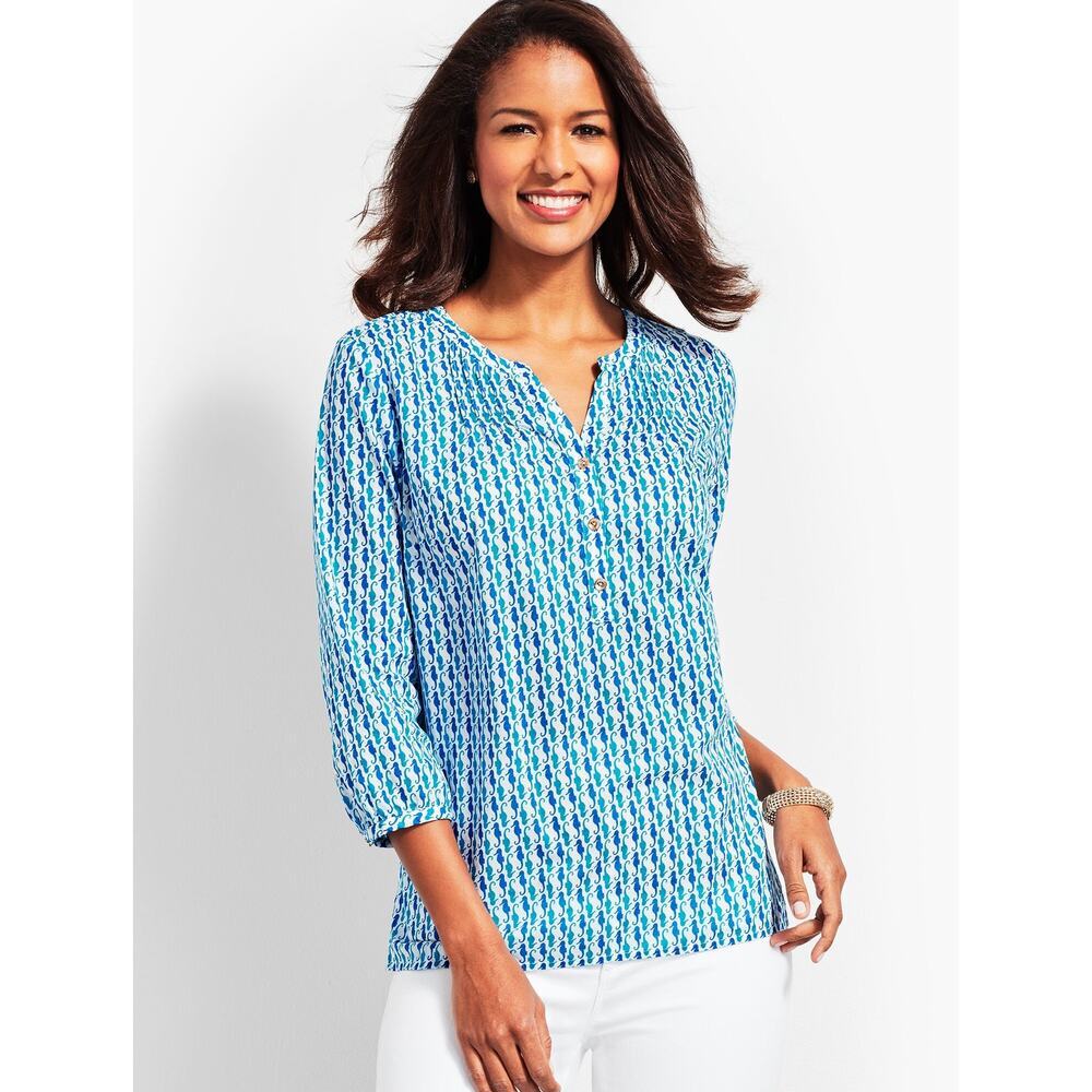Talbots Women's Blue Seahorse Pintuck Popover Tunic Top Size S